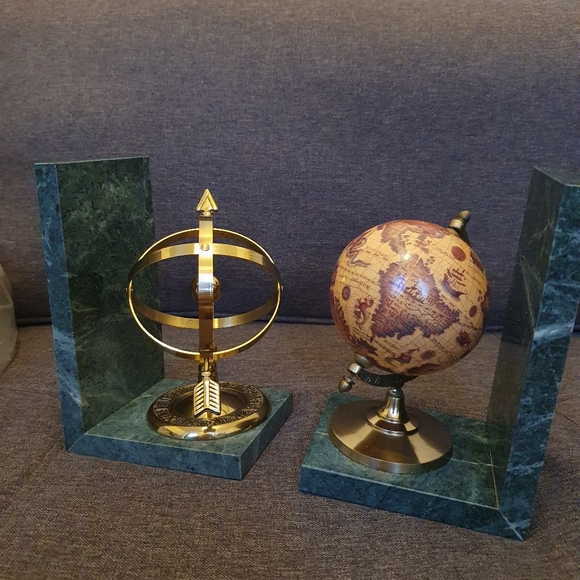 Vintage Globe and Sundial Marble Bookends